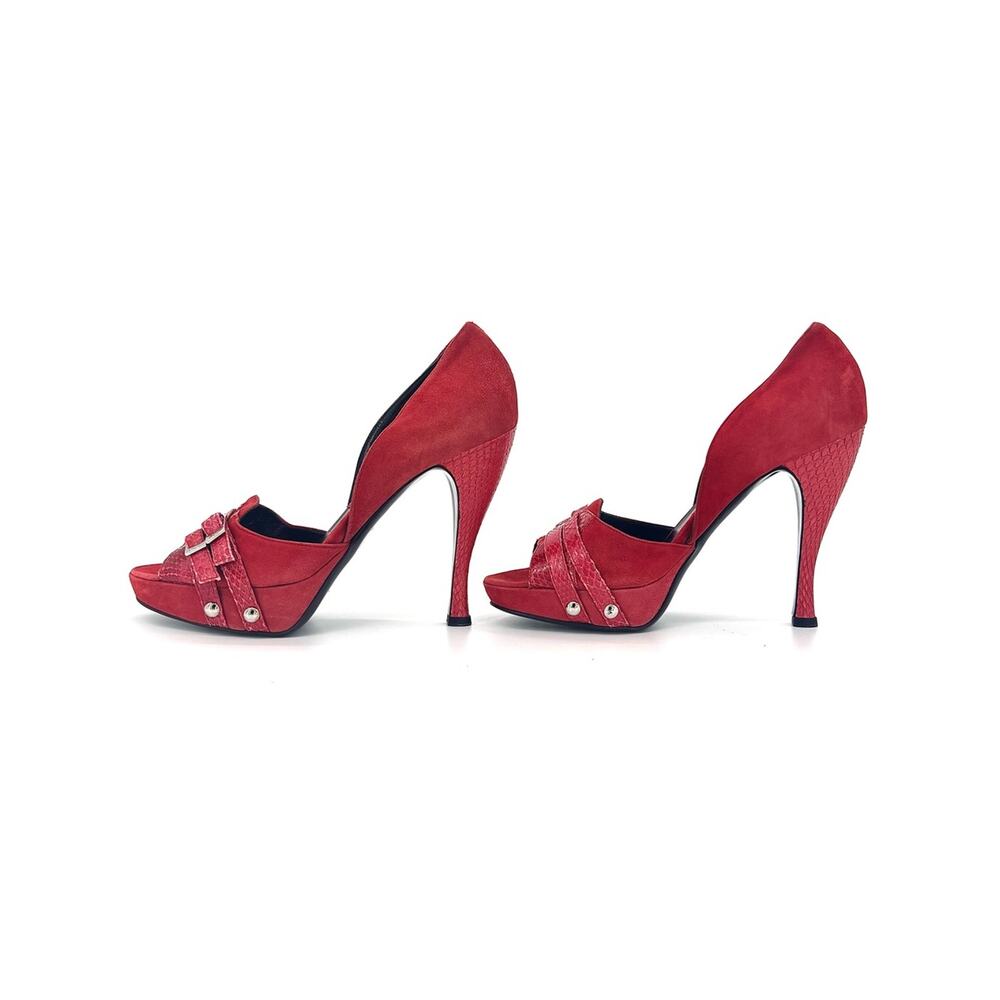 Dior John Galliano Red Double Buckle Snakeskin Peep Toe Platform Pumps 39.5 - Picture 4 of 10